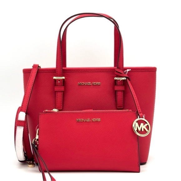 Michael Kors Jet Set Travel Extra-Small Top Zip Tote Bag & Double Zip Wallet Red - Picture 1 of 11